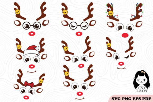 8 Cute Reindeer Face Christmas SVG PNG